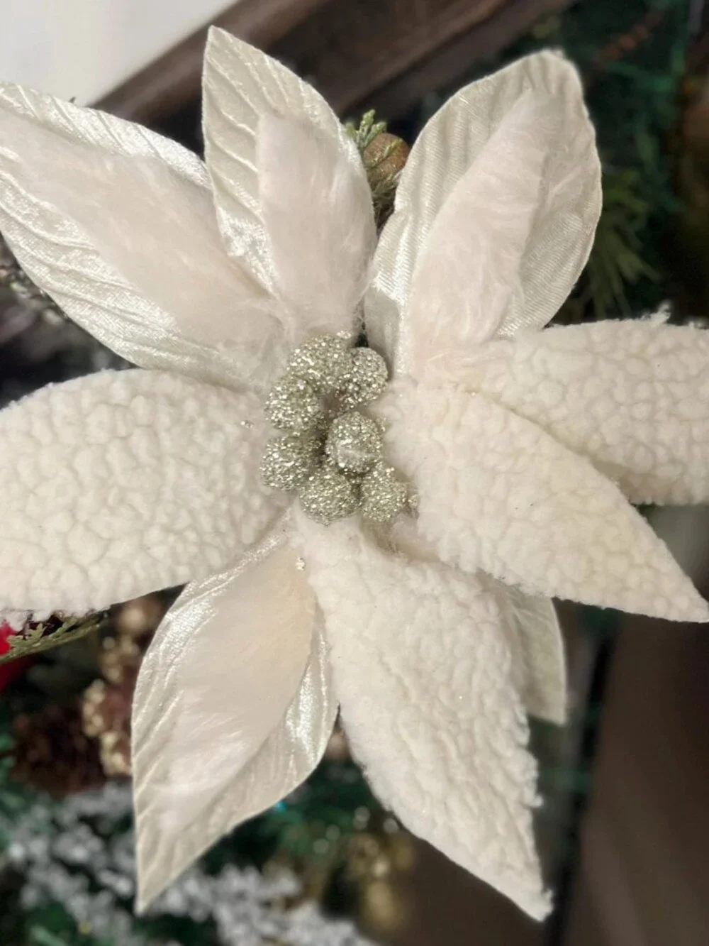 Woolly/Fur Poinsettia Stem Christmas Tree Trimming Decorative Holiday Crafts